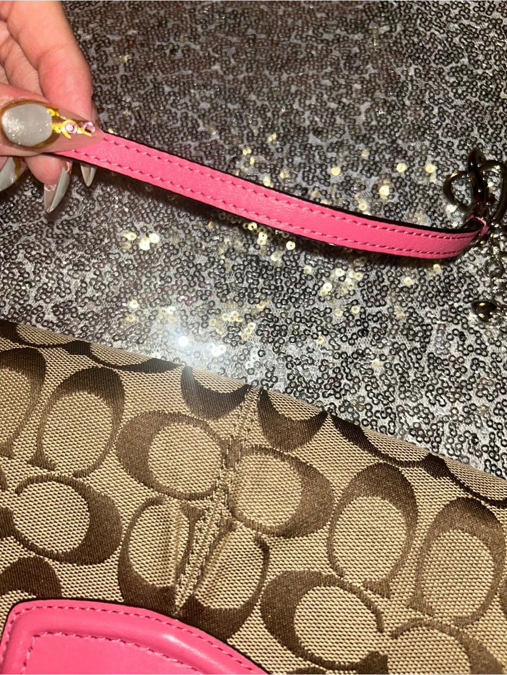 Coach Brown Signature Canvas Wristlet with Pink Trim